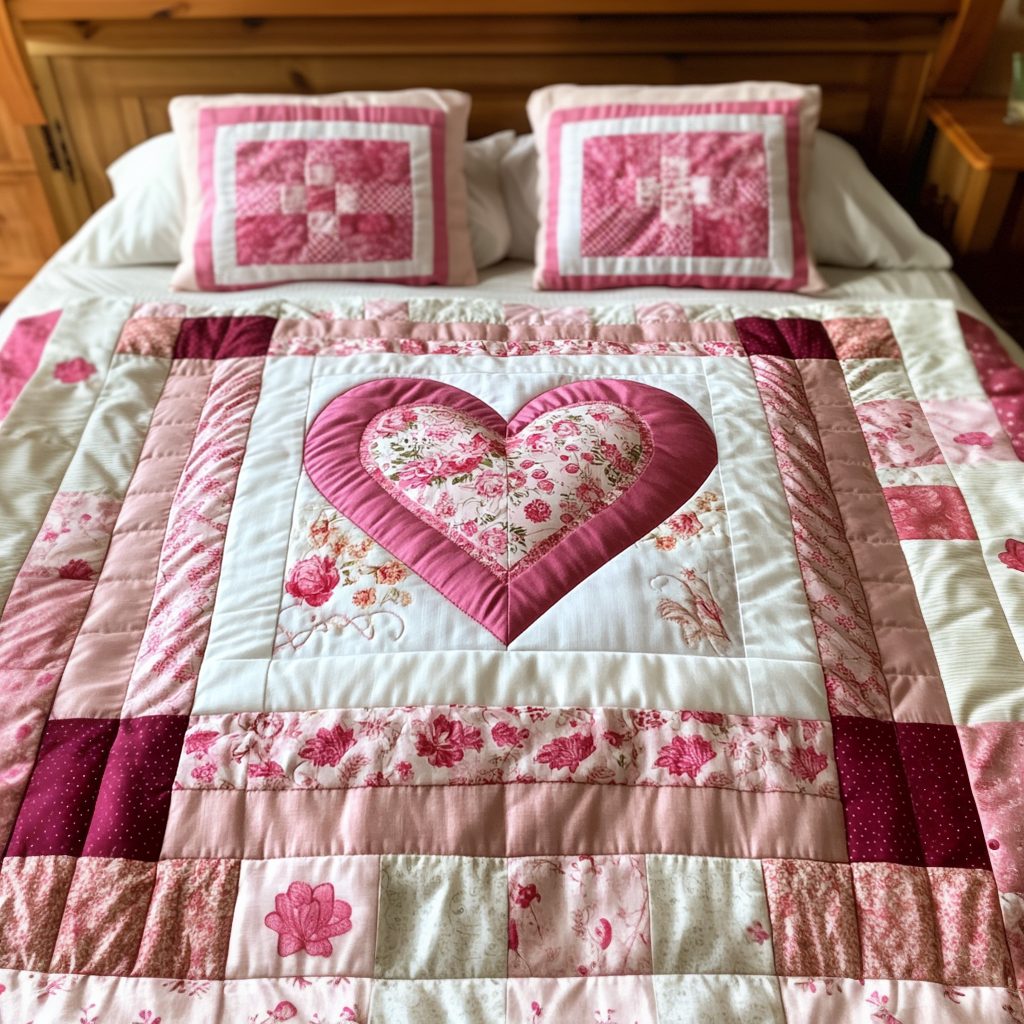 Heartstrings quilted 3-piece bedding set on a made bed with two matching pillow shams