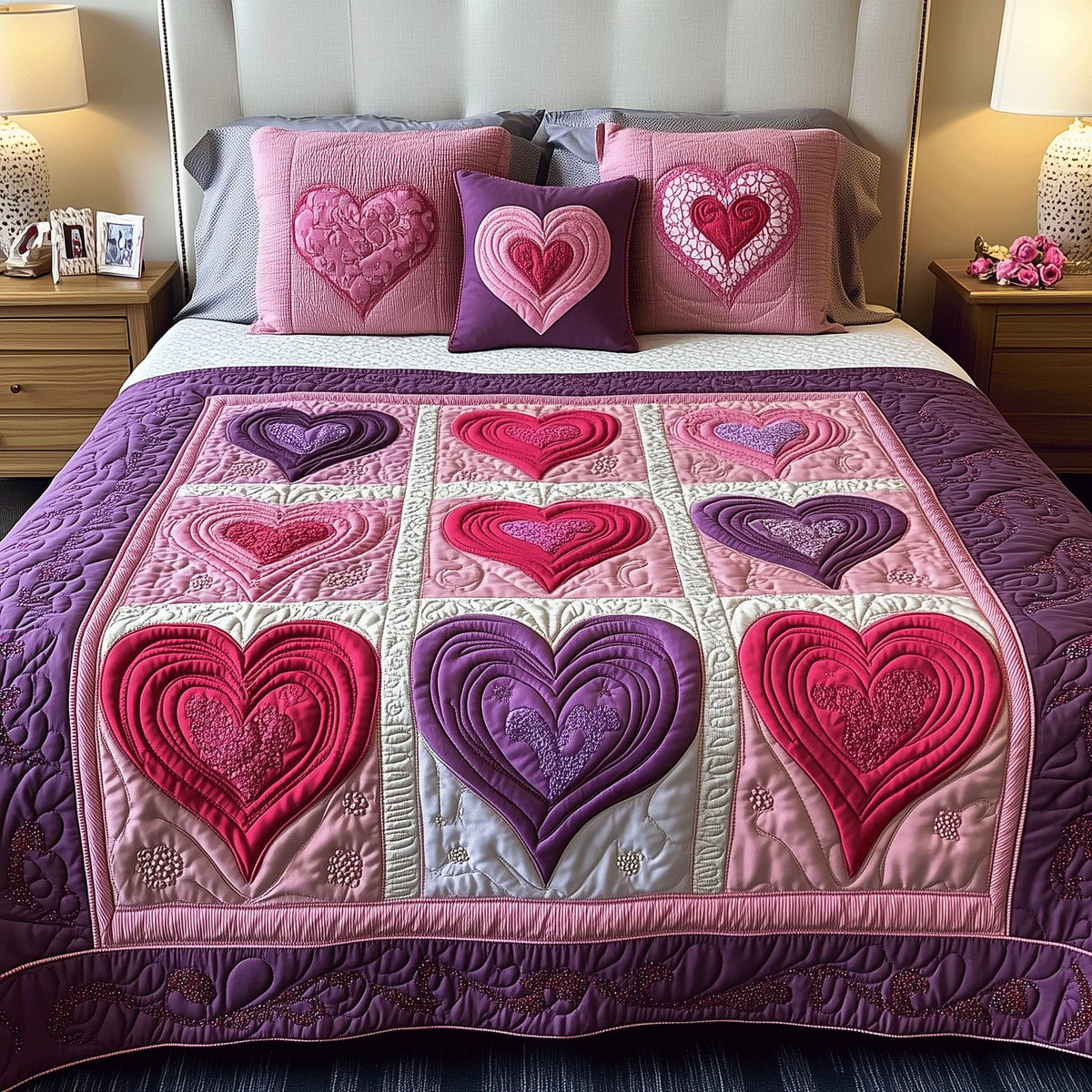 Heartwarming Bliss quilted 3-piece bedding set on a made bed with two matching pillow shams