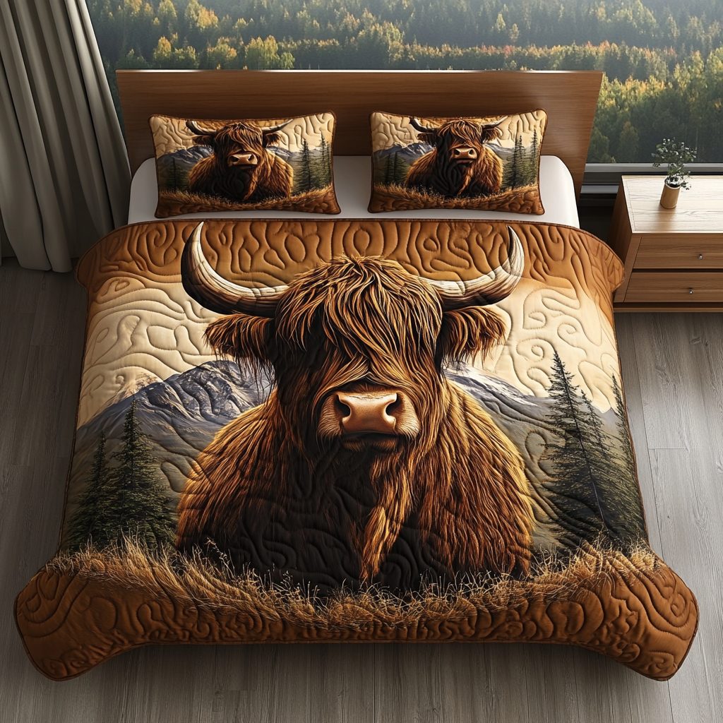 Heather and Horns quilted 3-piece bedding set on a made bed with two matching pillow shams