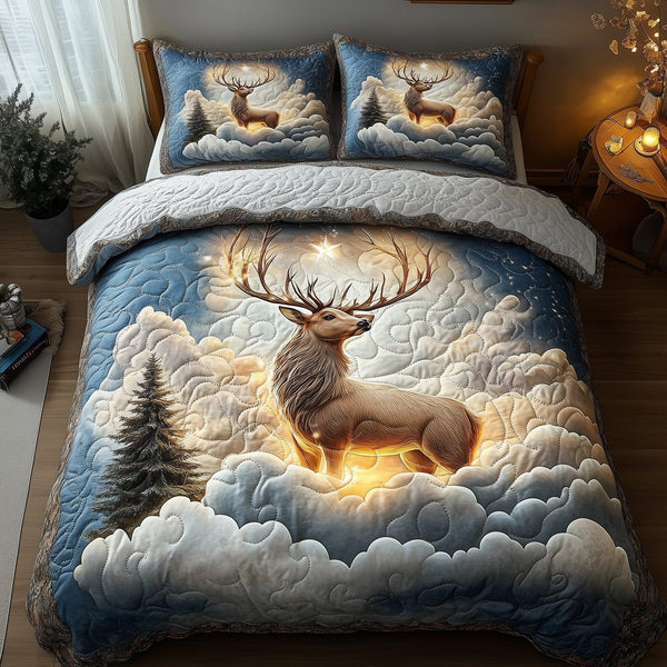 Heaven Deer quilted 3-piece bedding set on a made bed in a softly lit bedroom