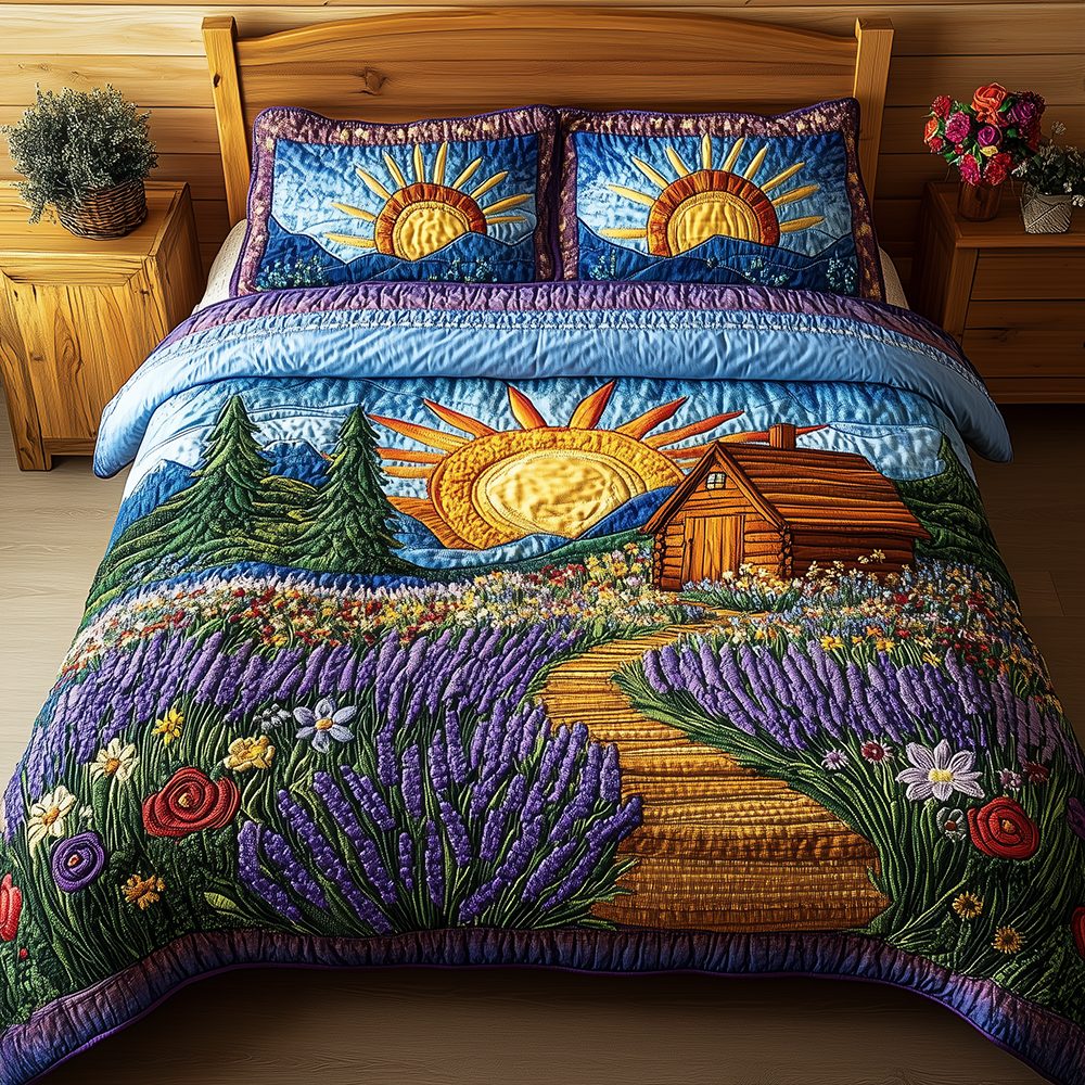 Heaven Sunlit quilted 3-piece bedding set on a made bed in a softly lit bedroom