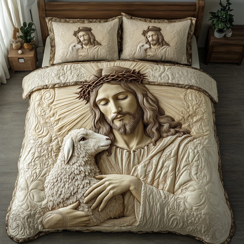 Heaven Touch quilted 3-piece bedding set on a made bed in a softly lit bedroom