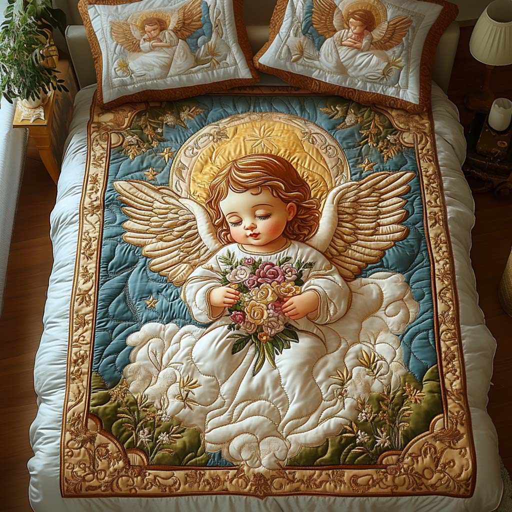 Heavenly Bouquet quilted 3-piece bedding set on a made bed in a softly lit bedroom