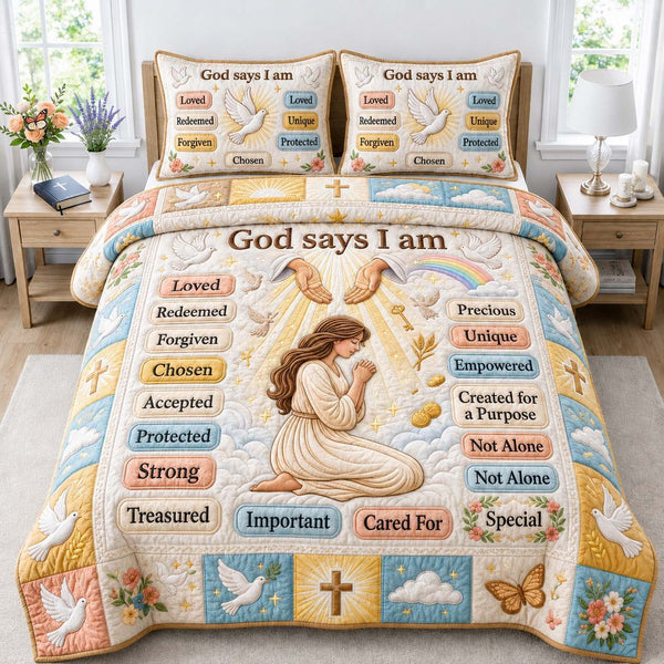 Heavenly Dove Promise quilted 3-piece bedding set on a made bed in a softly lit bedroom
