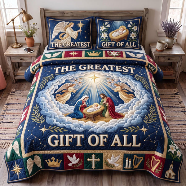 Heavenly Gift quilted 3-piece bedding set on a made bed in a softly lit bedroom