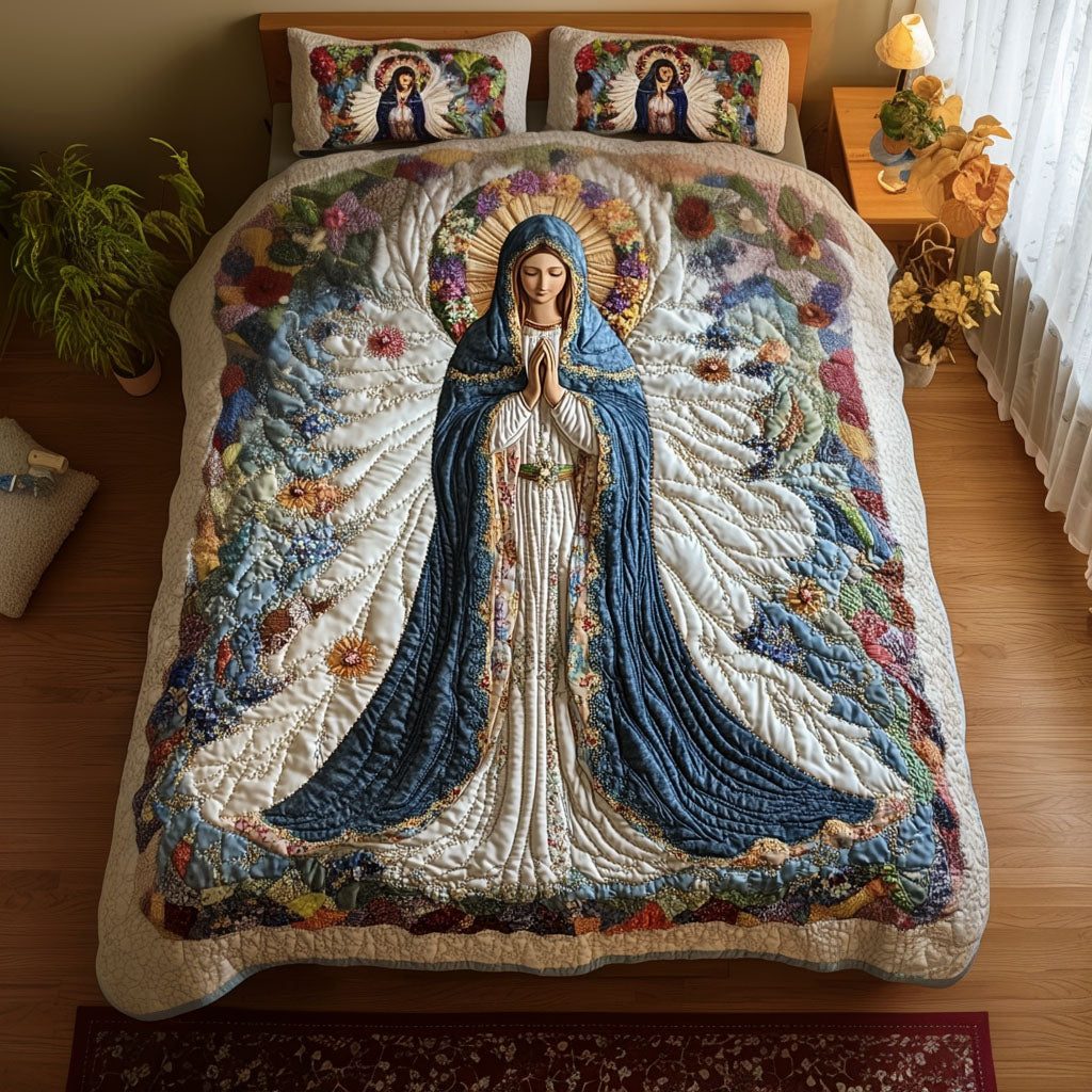 Heavenly Grace quilted 3-piece bedding set on a made bed in a softly lit bedroom