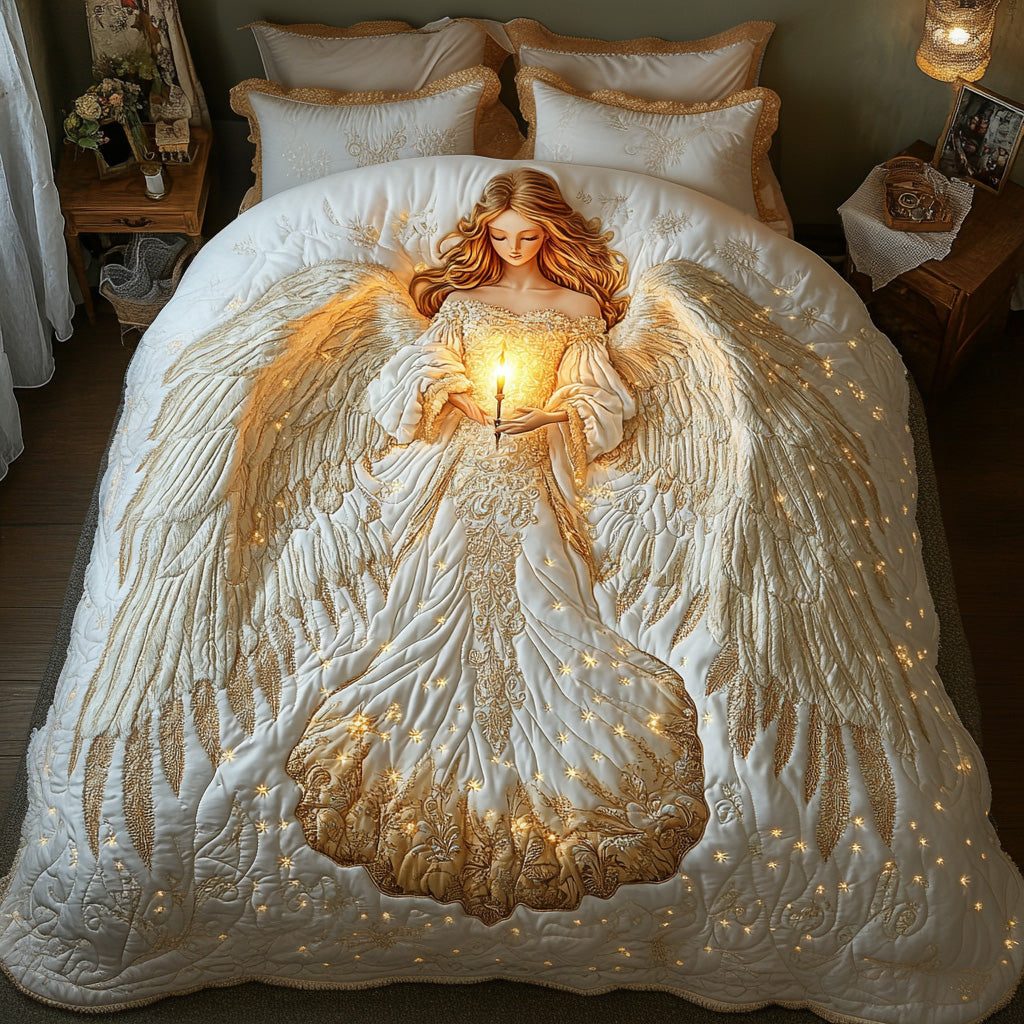 Heavenly Light quilted 3-piece bedding set on a made bed in a softly lit bedroom