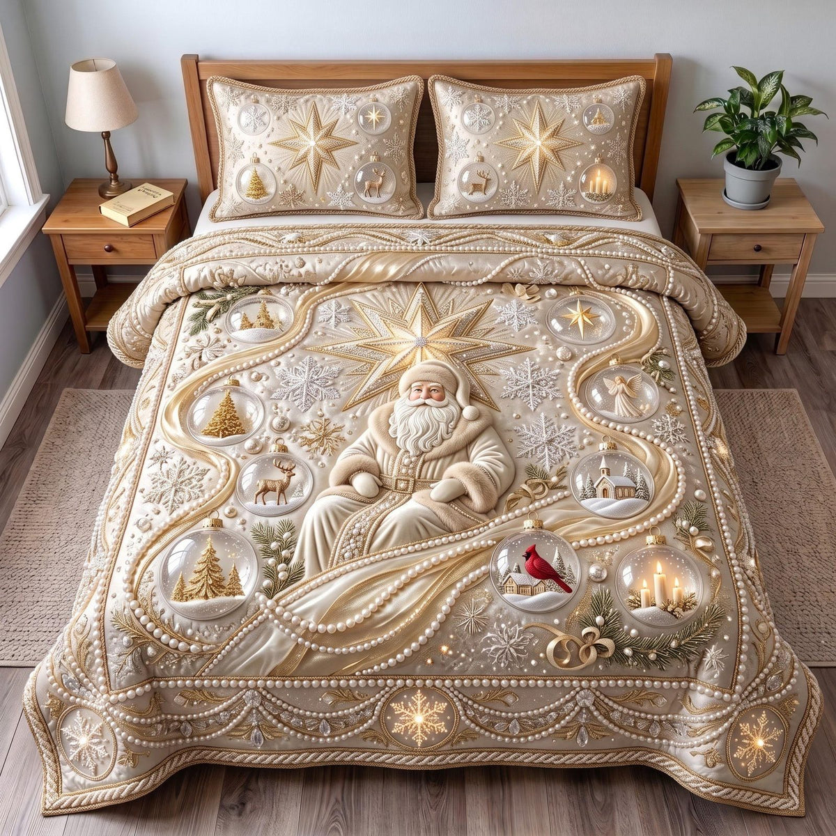 Heavenly Nativity quilted 3-piece bedding set on a made bed in a winter-styled bedroom