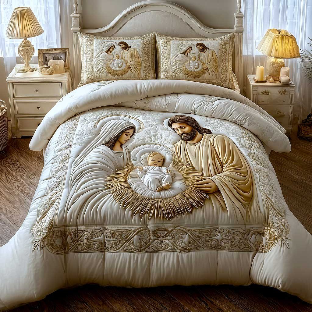 Heavenly Peace quilted 3-piece bedding set on a made bed in a softly lit bedroom