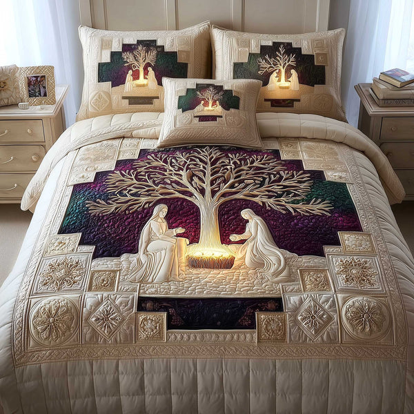 Heavenly Peace quilted 3-piece bedding set on a made bed in a softly lit bedroom