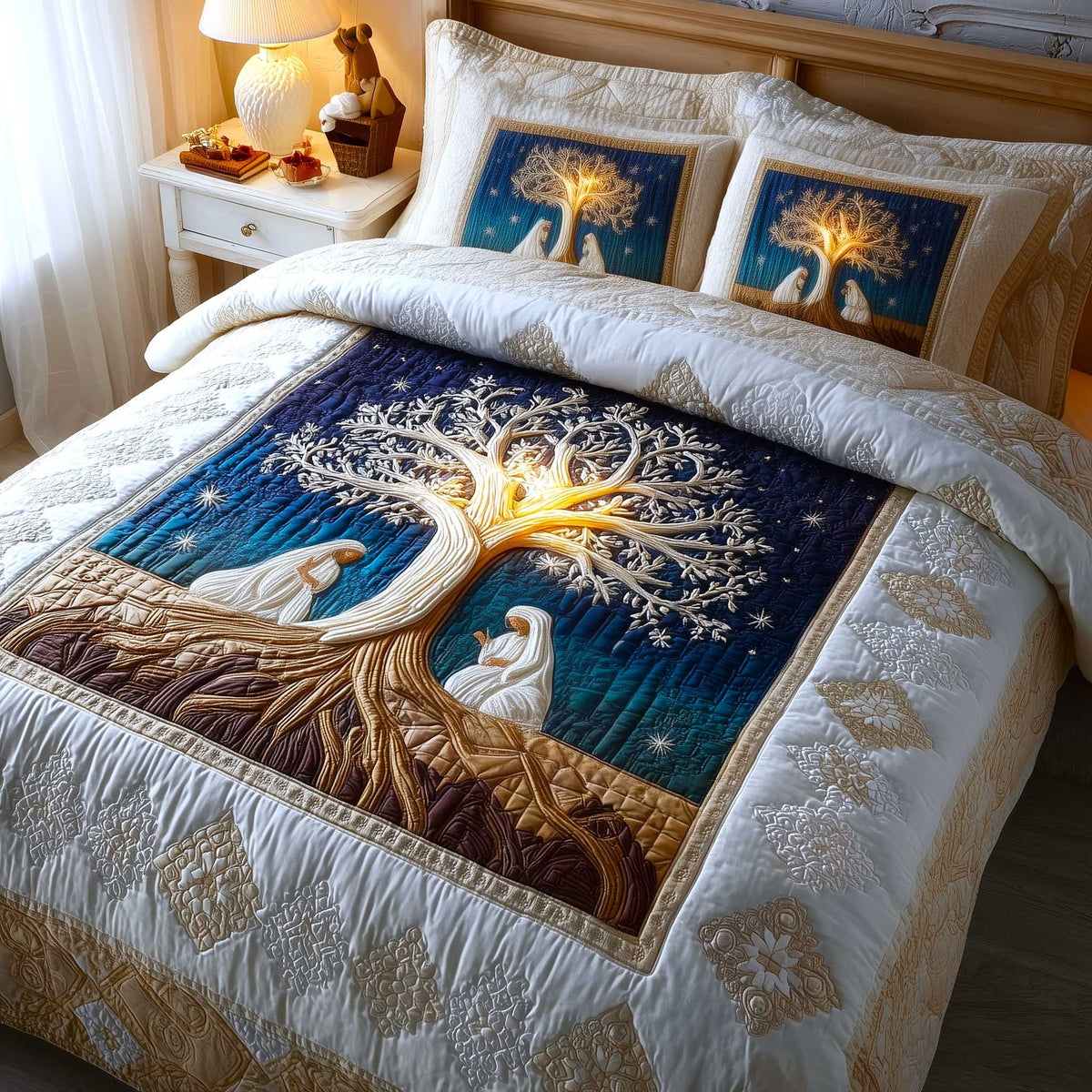 Heavenly Peace quilted 3-piece bedding set on a made bed in a softly lit bedroom