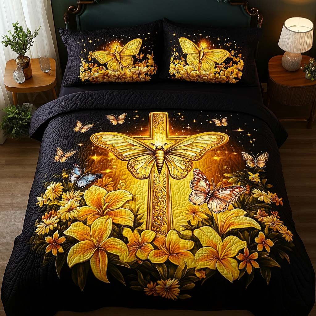 Heavenly Transformation quilted 3-piece bedding set on a made bed in a softly lit bedroom