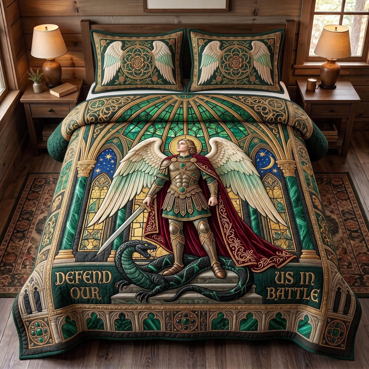 Heavenly Warrior quilted 3-piece bedding set on a made bed in a softly lit bedroom