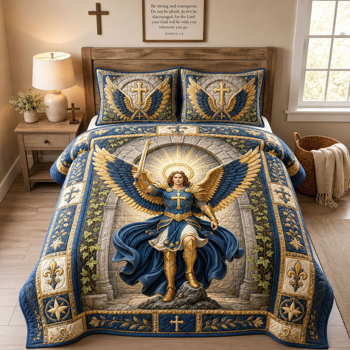 Heavenly Warrior Saint Michael quilted 3-piece bedding set on a made bed in a softly lit bedroom