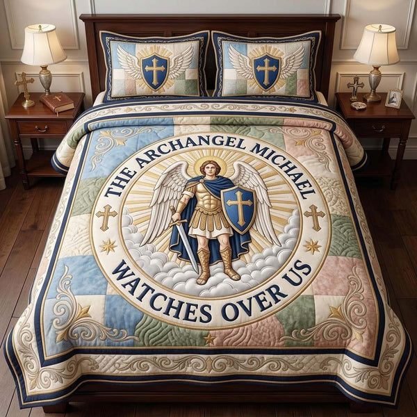 Heavenly Watch Medallion quilted 3-piece bedding set on a made bed in a softly lit bedroom