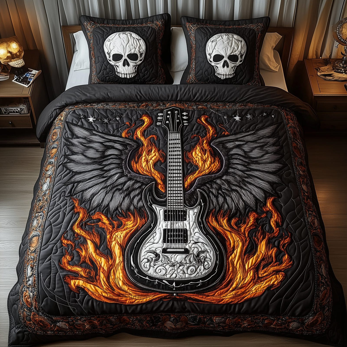Heavy Metal Guitar quilted 3-piece bedding set on a made bed with two matching pillow shams