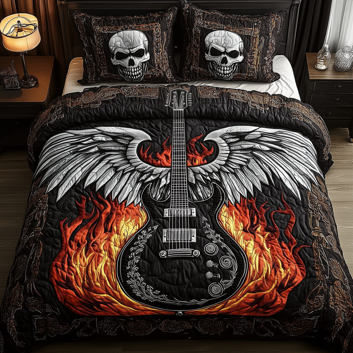 Heavy Metal Guitar quilted 3-piece bedding set on a made bed with two matching pillow shams