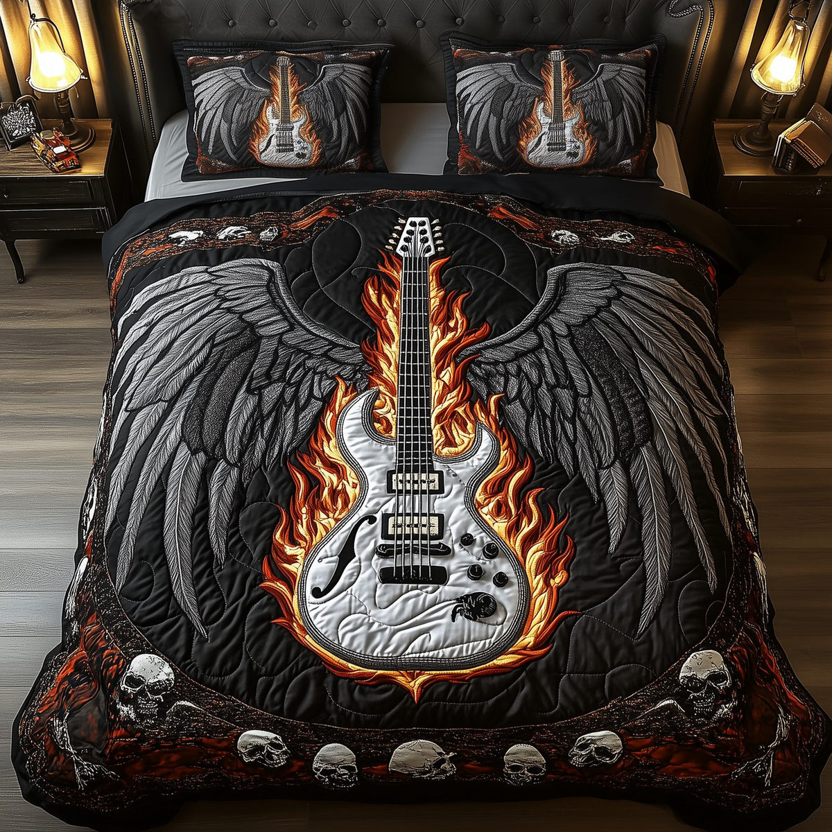 Heavy Metal Guitar quilted 3-piece bedding set on a made bed with two matching pillow shams