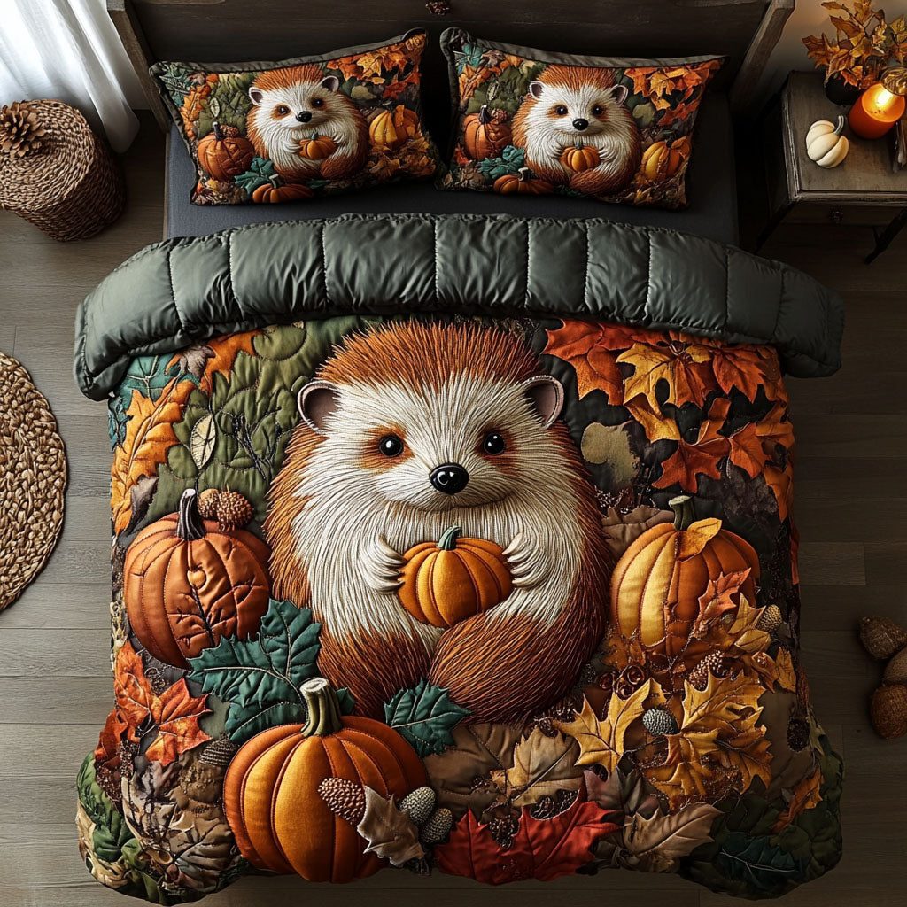 Hedgehog Among Leaves quilted 3-piece bedding set on a made bed with two matching pillow shams