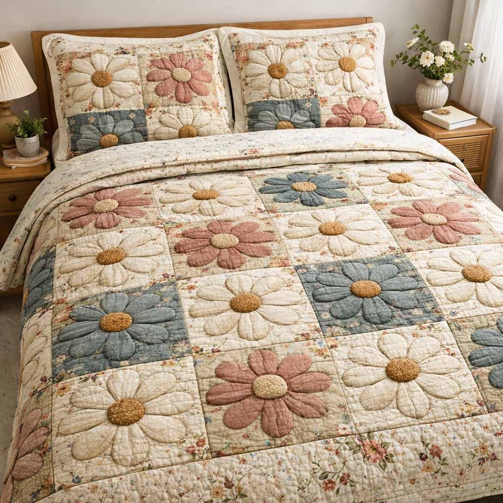Heirloom Bloom quilted 3-piece bedding set on a made bed with two matching pillow shams
