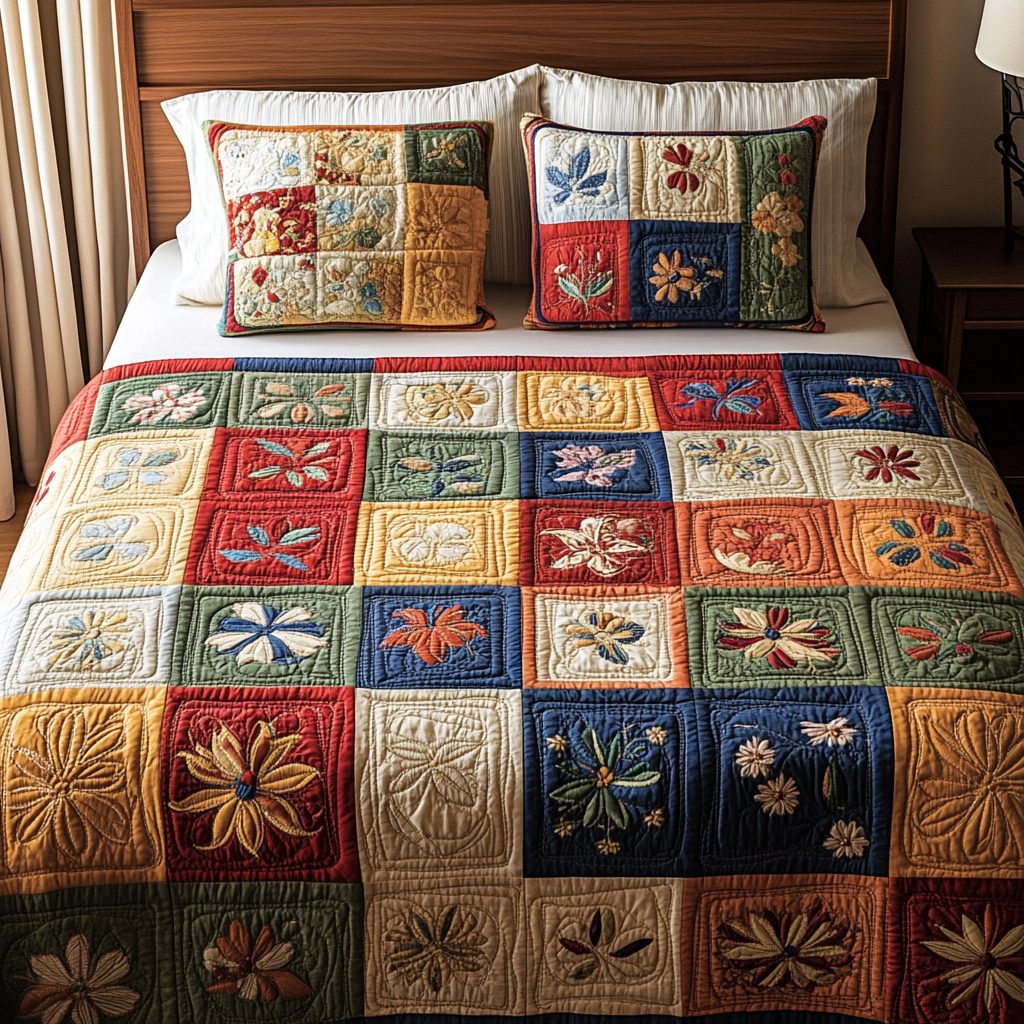 Heirloom Delight quilted 3-piece bedding set on a made bed with two matching pillow shams