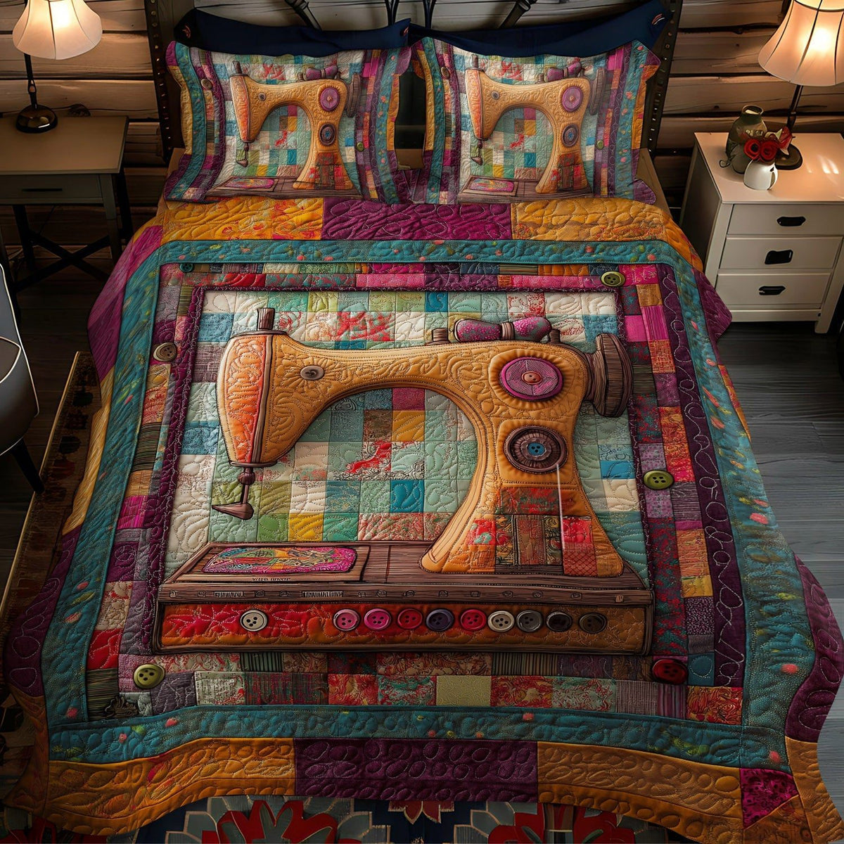 Heirloom Stitches quilted 3-piece bedding set on a made bed with two matching pillow shams