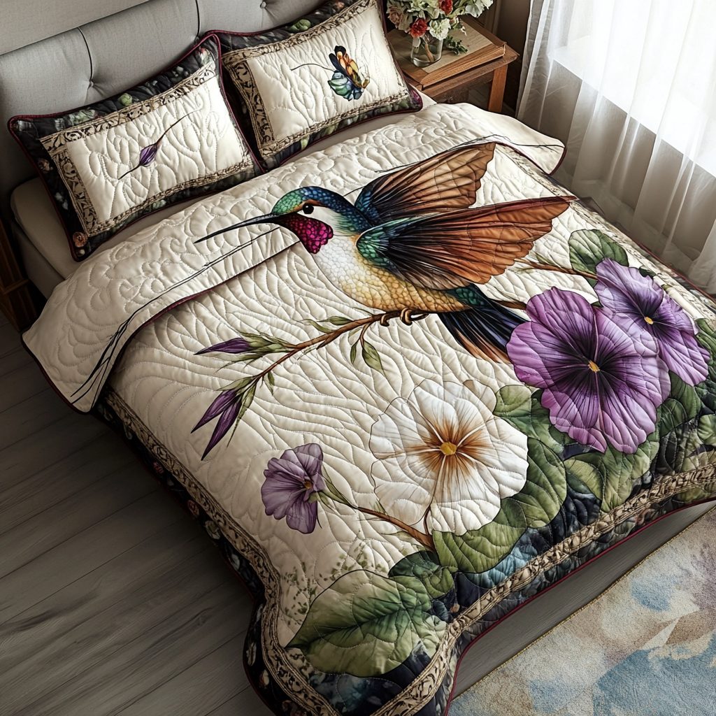 Heirloom Wings quilted 3-piece bedding set on a made bed with two matching pillow shams