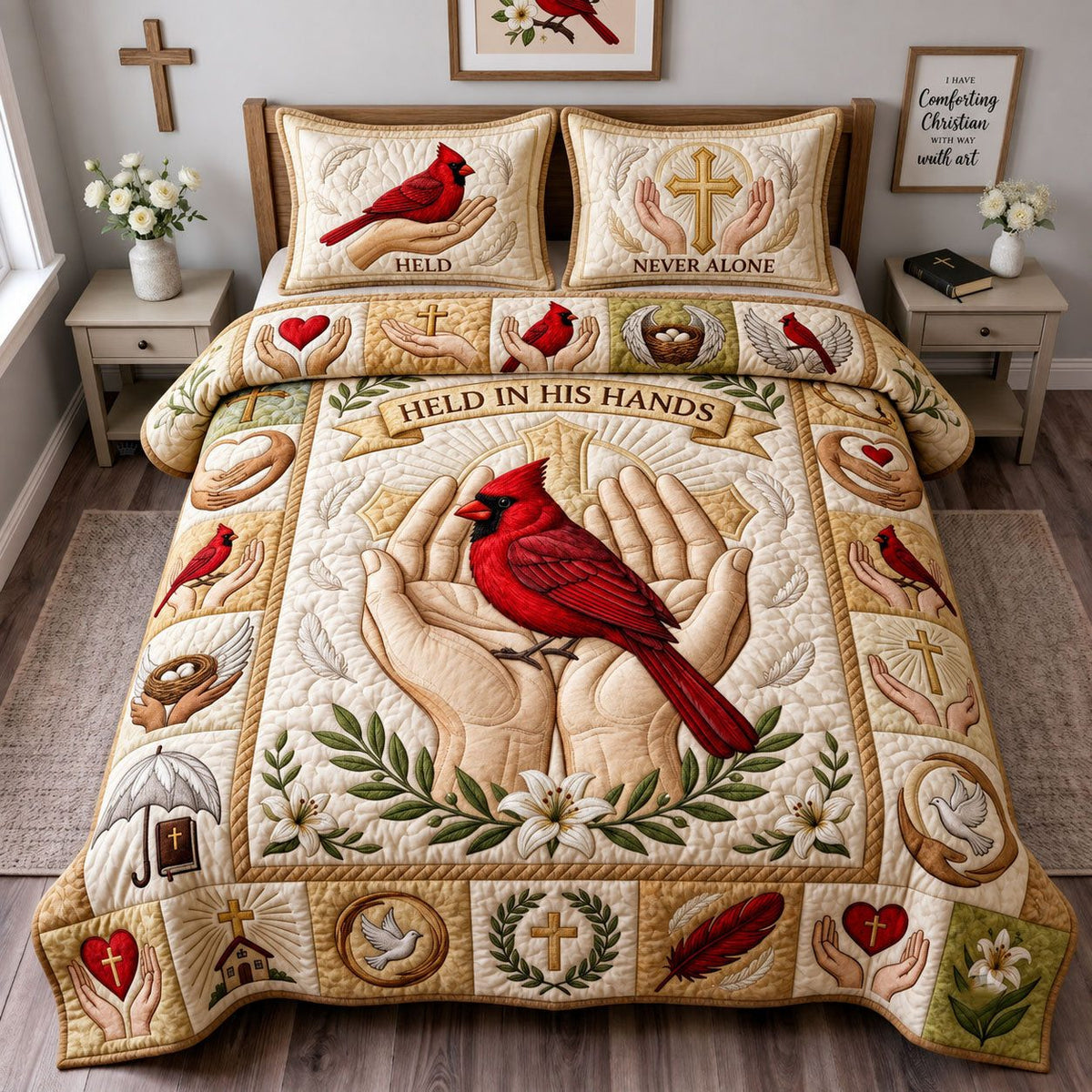 Held in His Hand quilted 3-piece bedding set on a made bed with two matching pillow shams