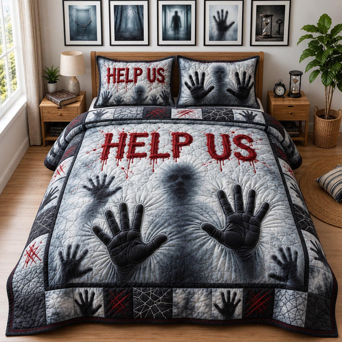 Help Us quilted 3-piece bedding set on a made bed with two matching pillow shams