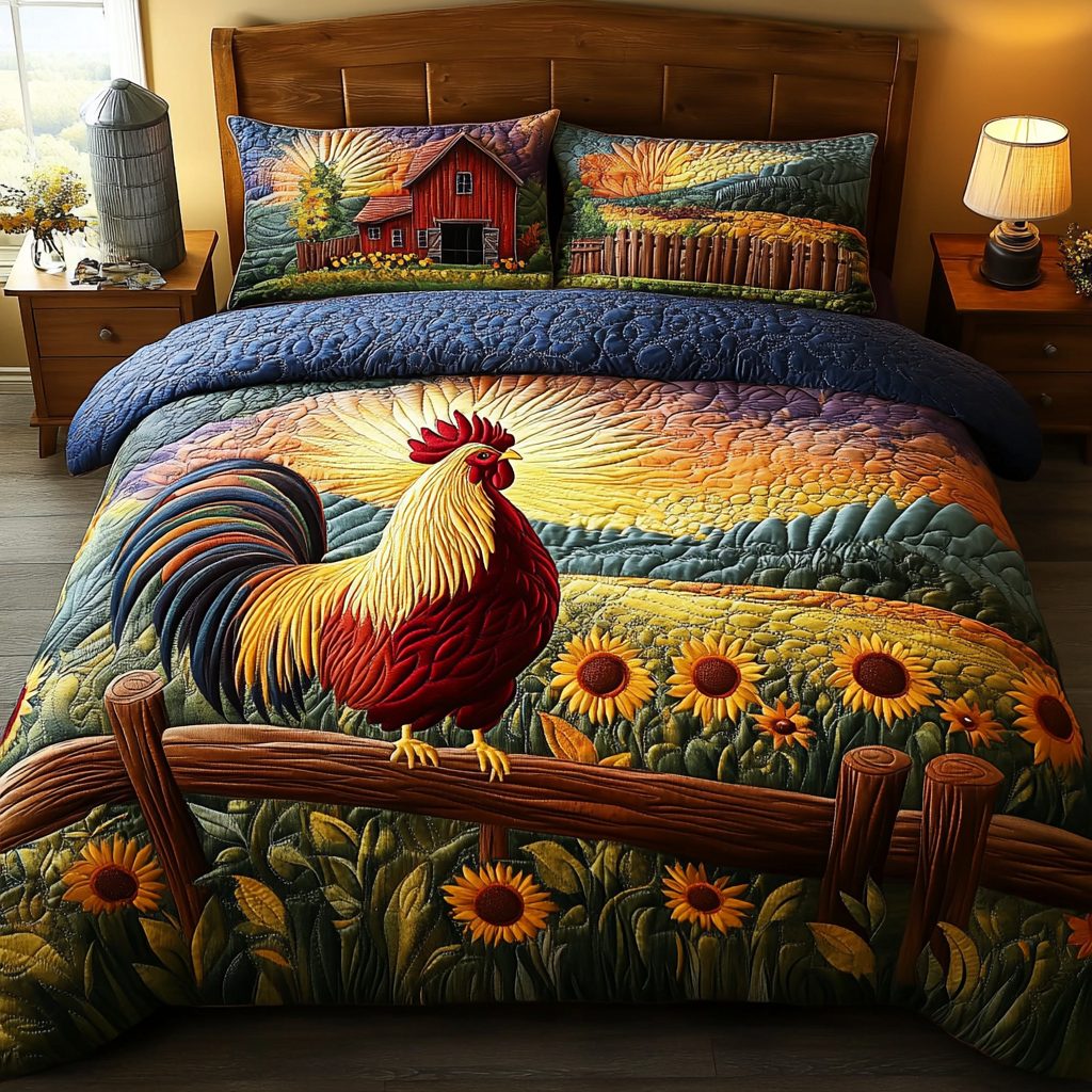 Hen Haven quilted 3-piece bedding set on a made bed with two matching pillow shams