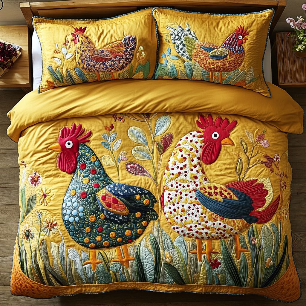 Hen Haven quilted 3-piece bedding set on a made bed with two matching pillow shams