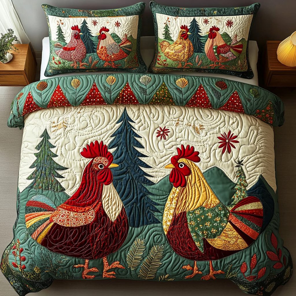 Hen House Charm quilted 3-piece bedding set on a made bed with two matching pillow shams