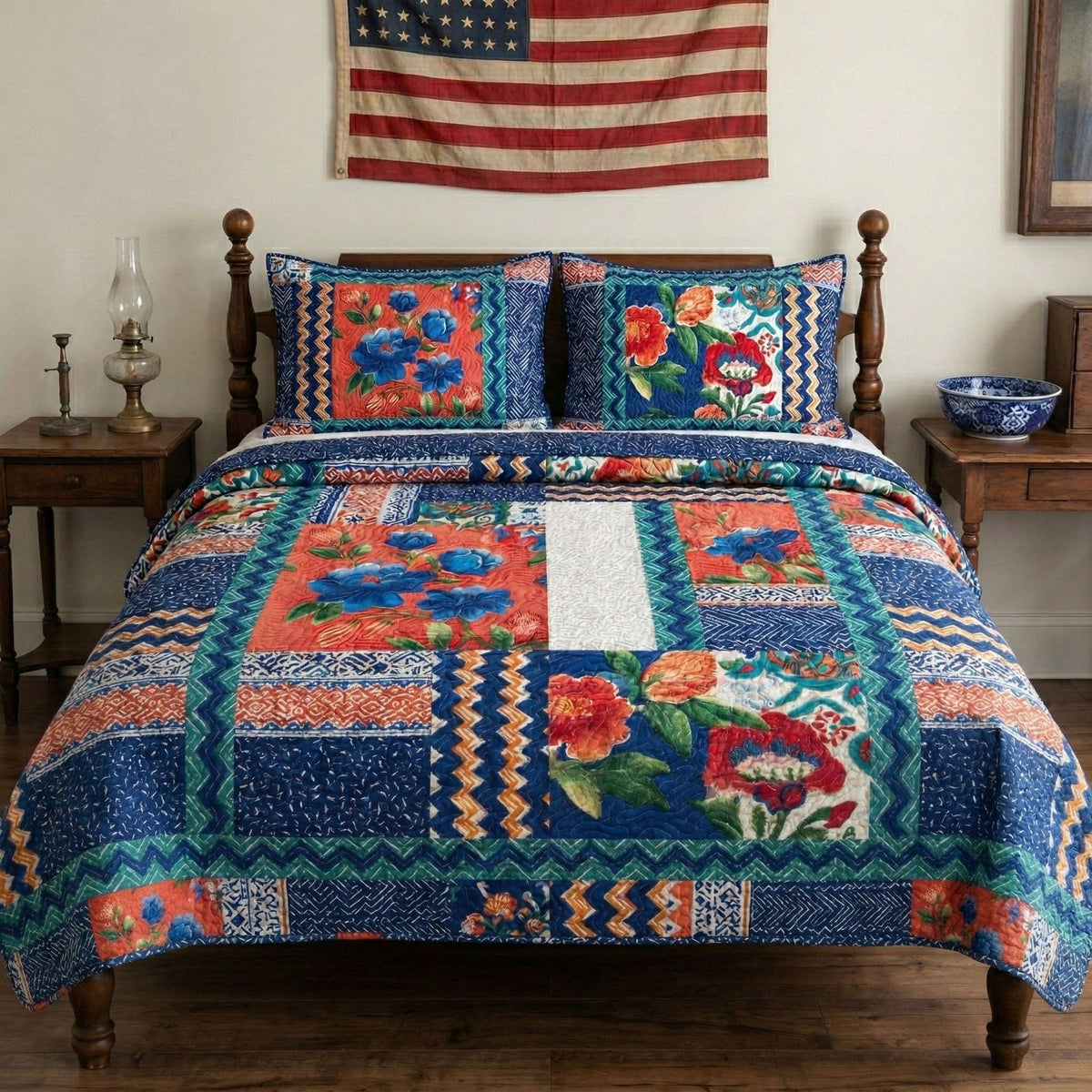 Heritage Bloom quilted 3-piece bedding set on a made bed in a farmhouse bedroom
