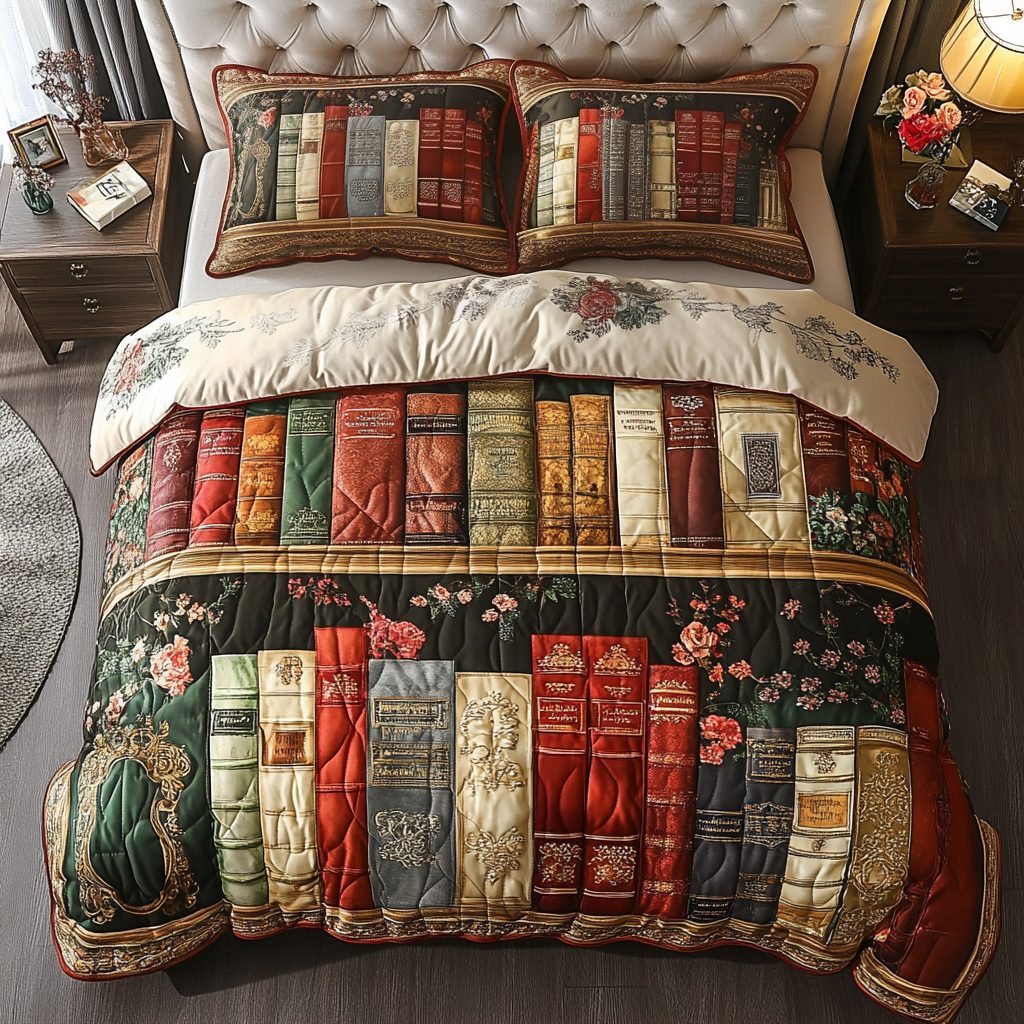 Heritage Books quilted 3-piece bedding set on a made bed in a farmhouse bedroom
