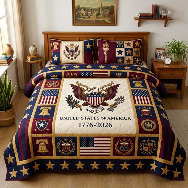 Heritage Eagle quilted 3-piece bedding set on a made bed in a warmly lit bedroom