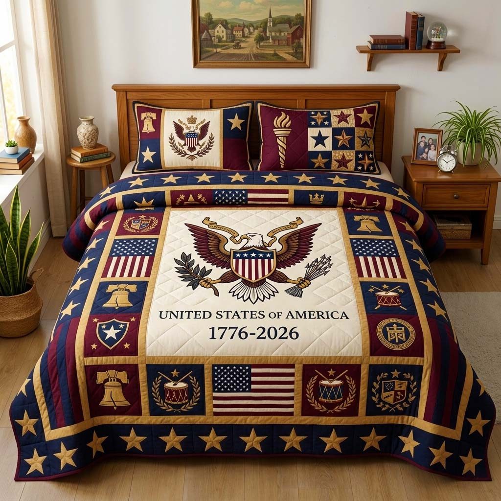 Heritage Eagle quilted 3-piece bedding set on a made bed in a warmly lit bedroom
