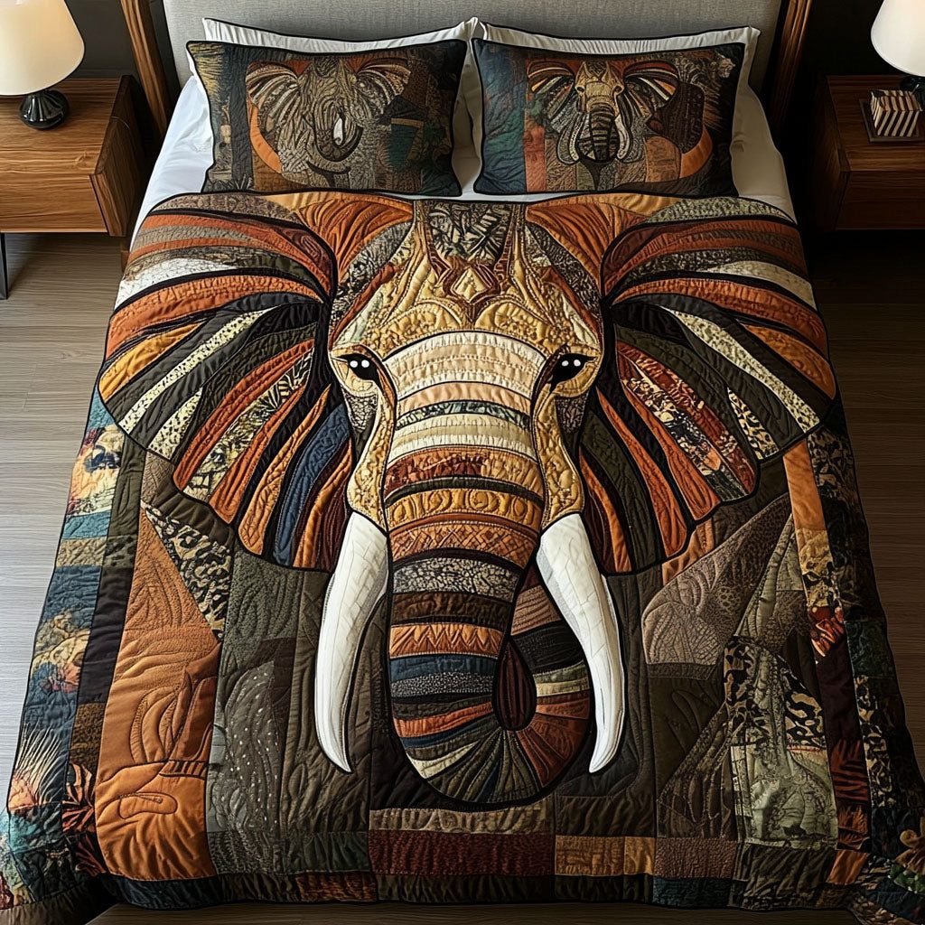 Heritage Elephant quilted 3-piece bedding set on a made bed in a farmhouse bedroom