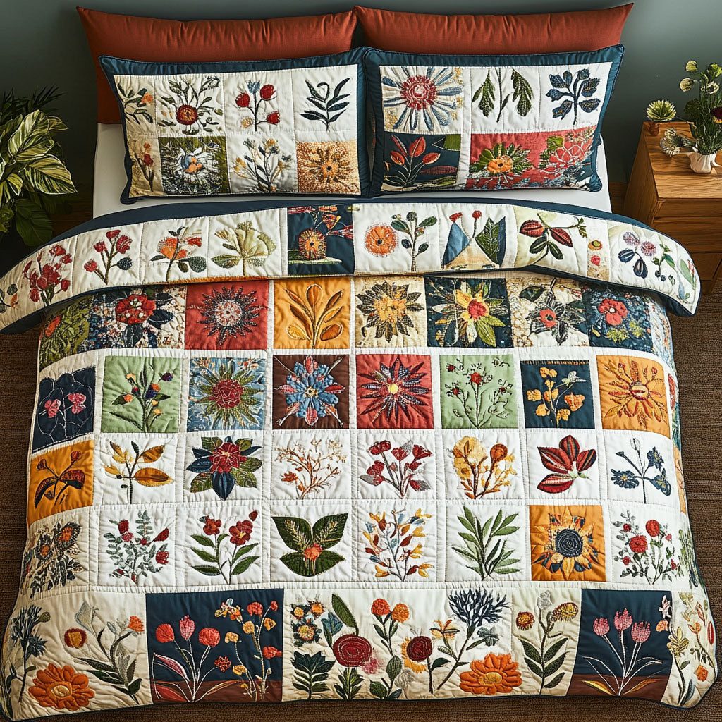 Heritage Garden quilted 3-piece bedding set on a made bed in a farmhouse bedroom