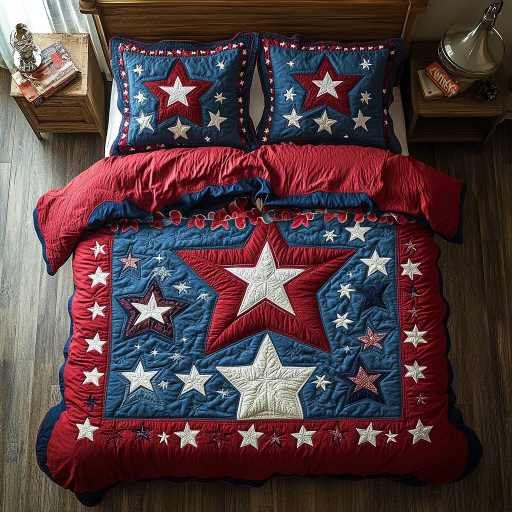 Heritage Glow quilted 3-piece bedding set on a made bed in a farmhouse bedroom