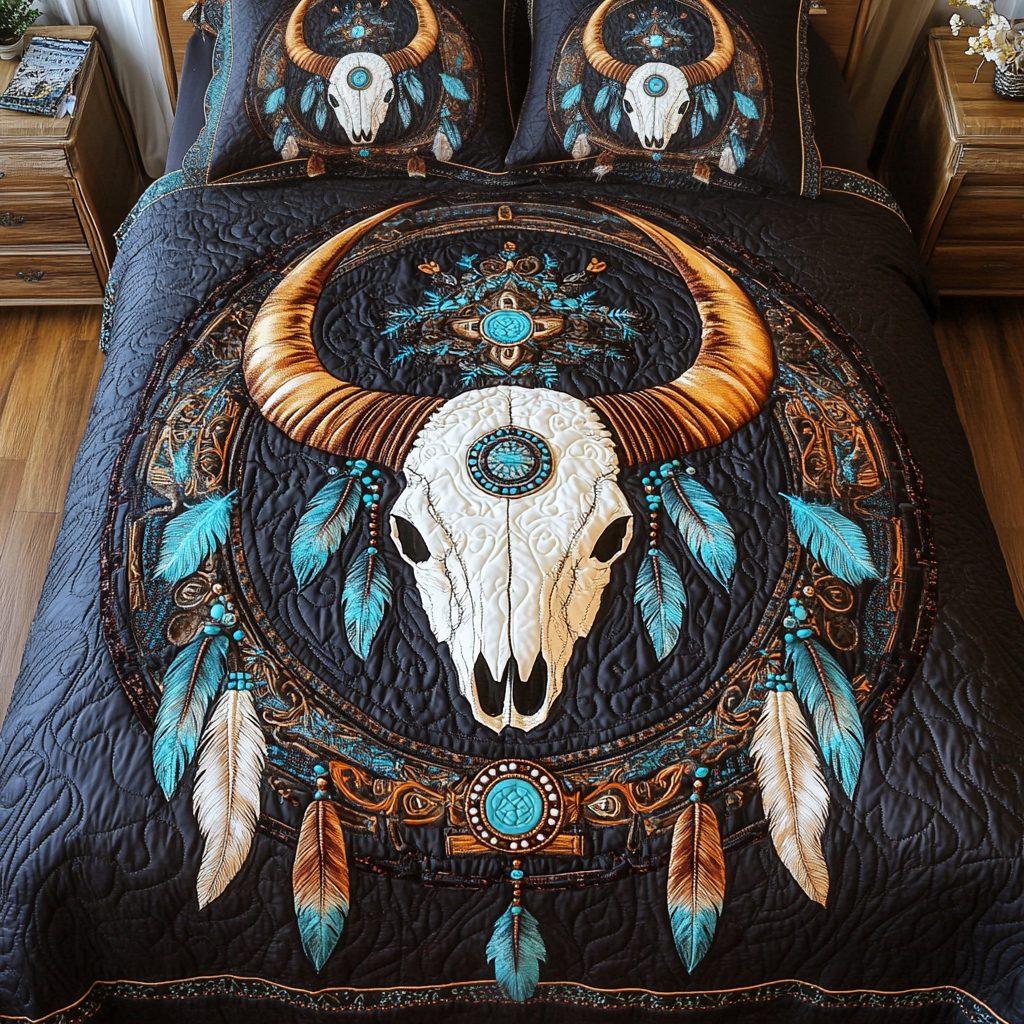 Heritage Glow quilted 3-piece bedding set on a made bed in a farmhouse bedroom