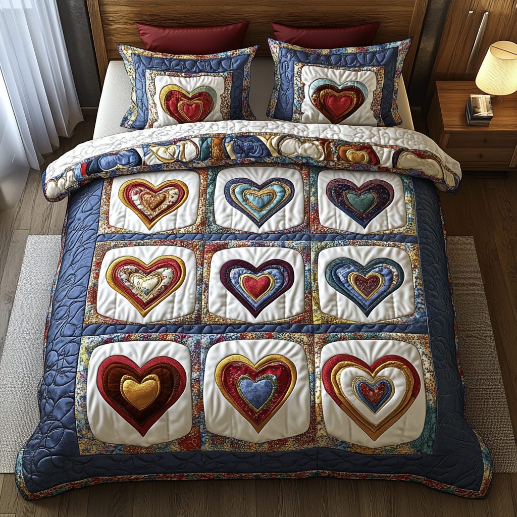 Heritage Hearts quilted 3-piece bedding set on a made bed in a farmhouse bedroom
