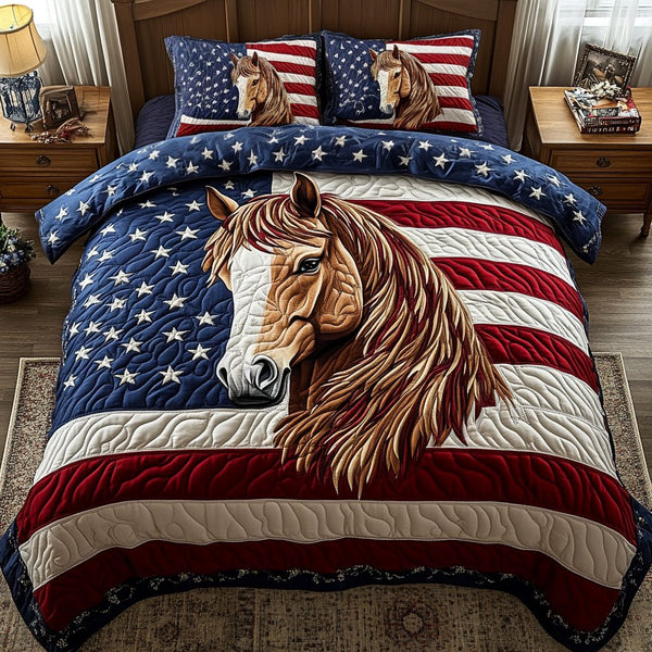 Heritage Horse quilted 3-piece bedding set on a made bed in a rustic timber bedroom