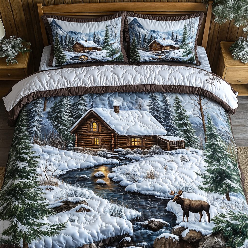 Heritage Log Cabin quilted 3-piece bedding set on a made bed in a farmhouse bedroom