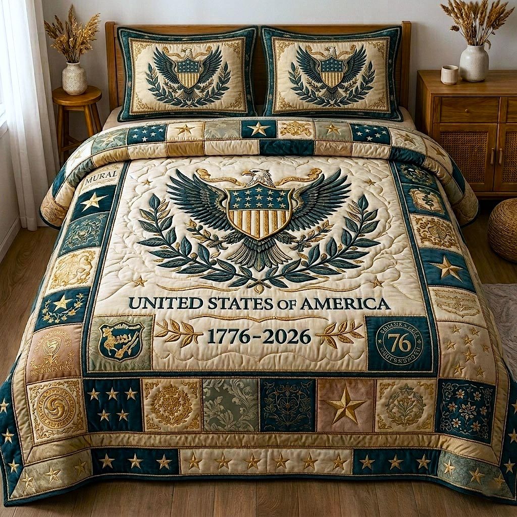 Heritage Patch quilted 3-piece bedding set on a made bed in a farmhouse bedroom