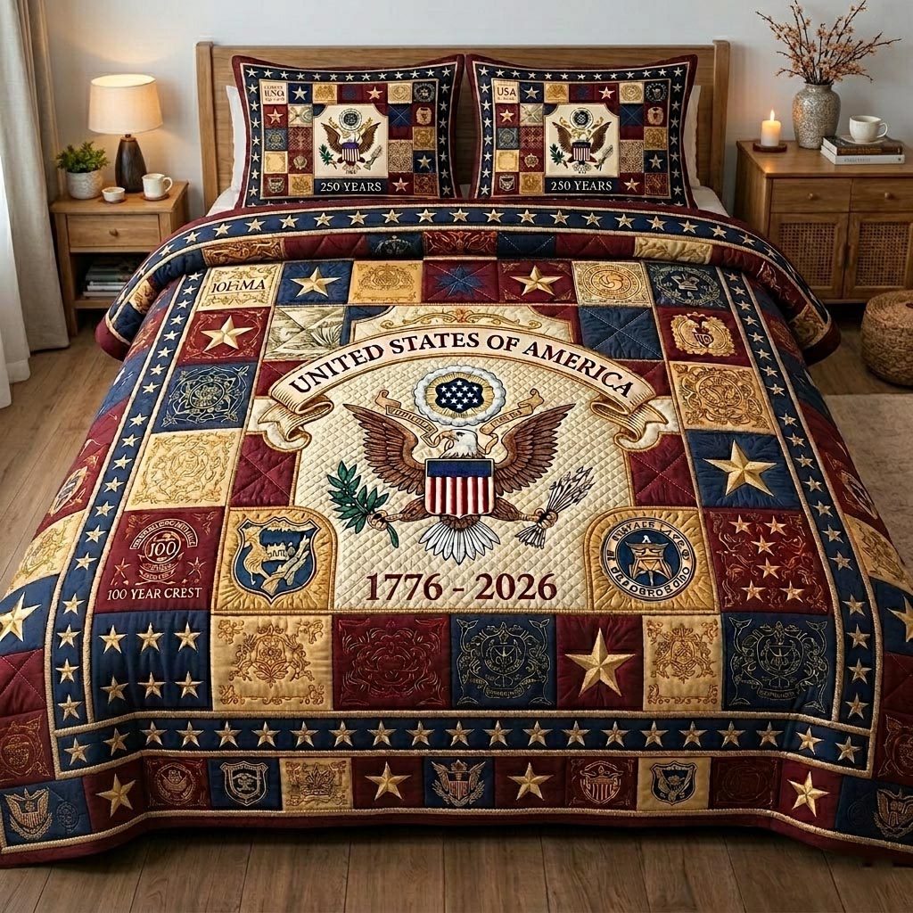 Heritage Patch quilted 3-piece bedding set on a made bed in a farmhouse bedroom