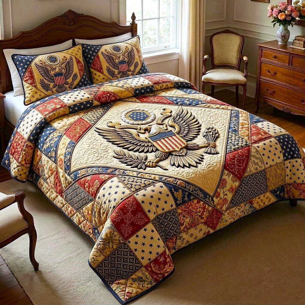 Heritage Patch quilted 3-piece bedding set on a made bed in a farmhouse bedroom
