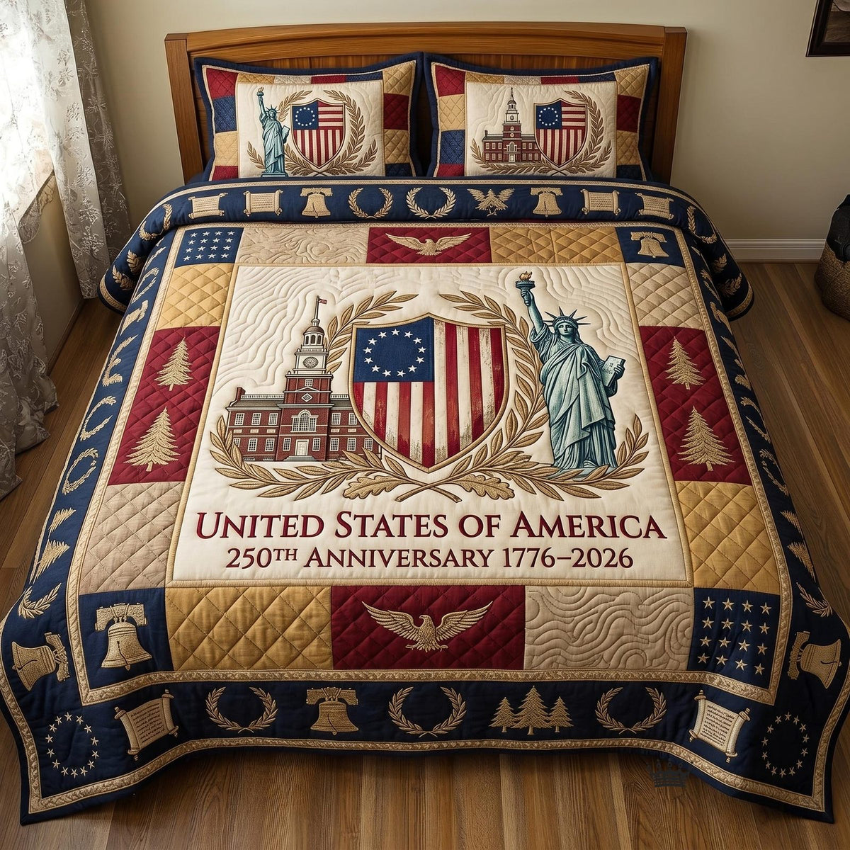 Heritage Patch quilted 3-piece bedding set on a made bed in a farmhouse bedroom