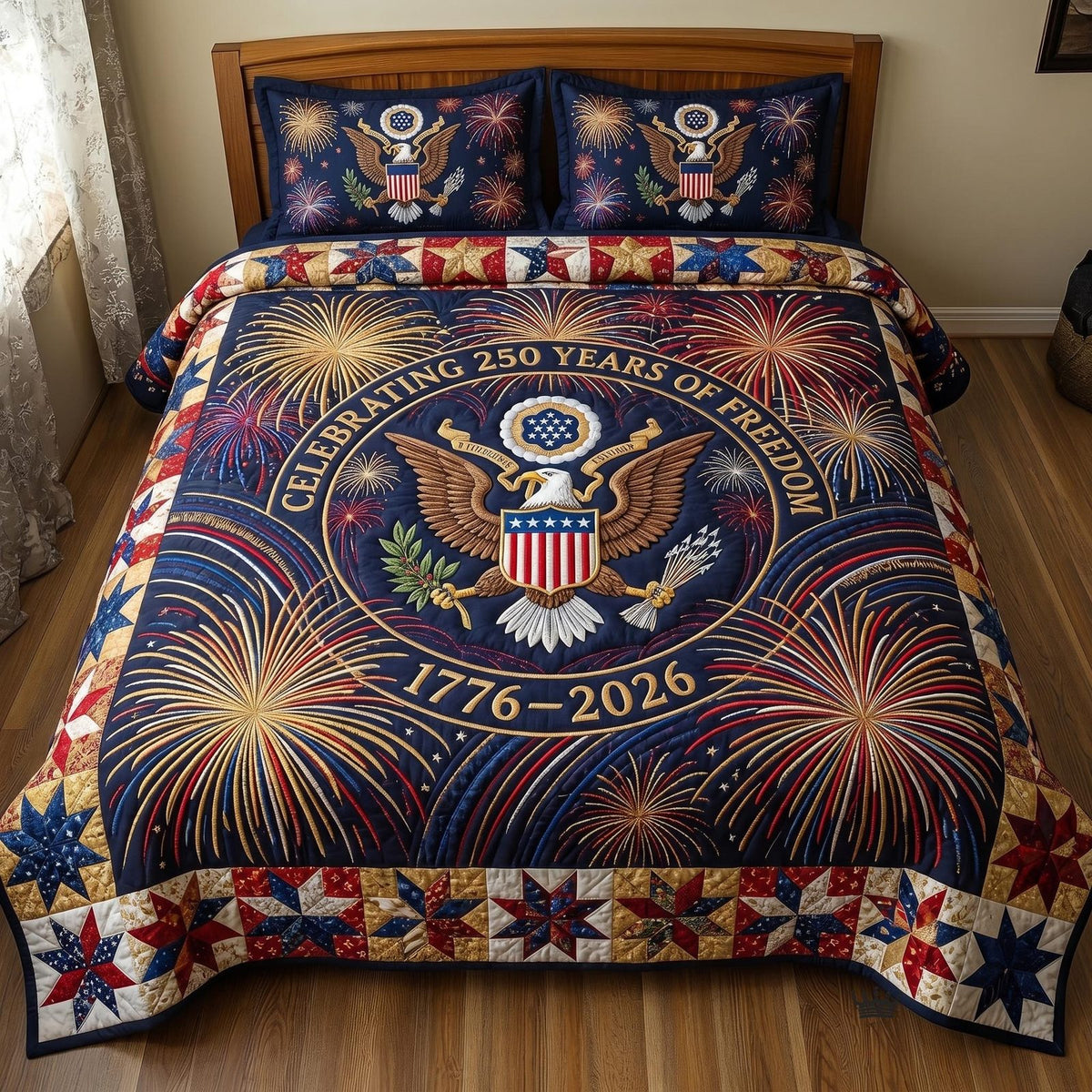 Heritage Patch quilted 3-piece bedding set on a made bed in a farmhouse bedroom