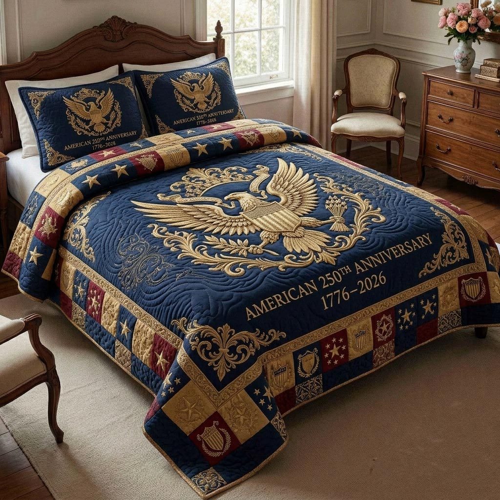 Heritage Patch quilted 3-piece bedding set on a made bed in a farmhouse bedroom