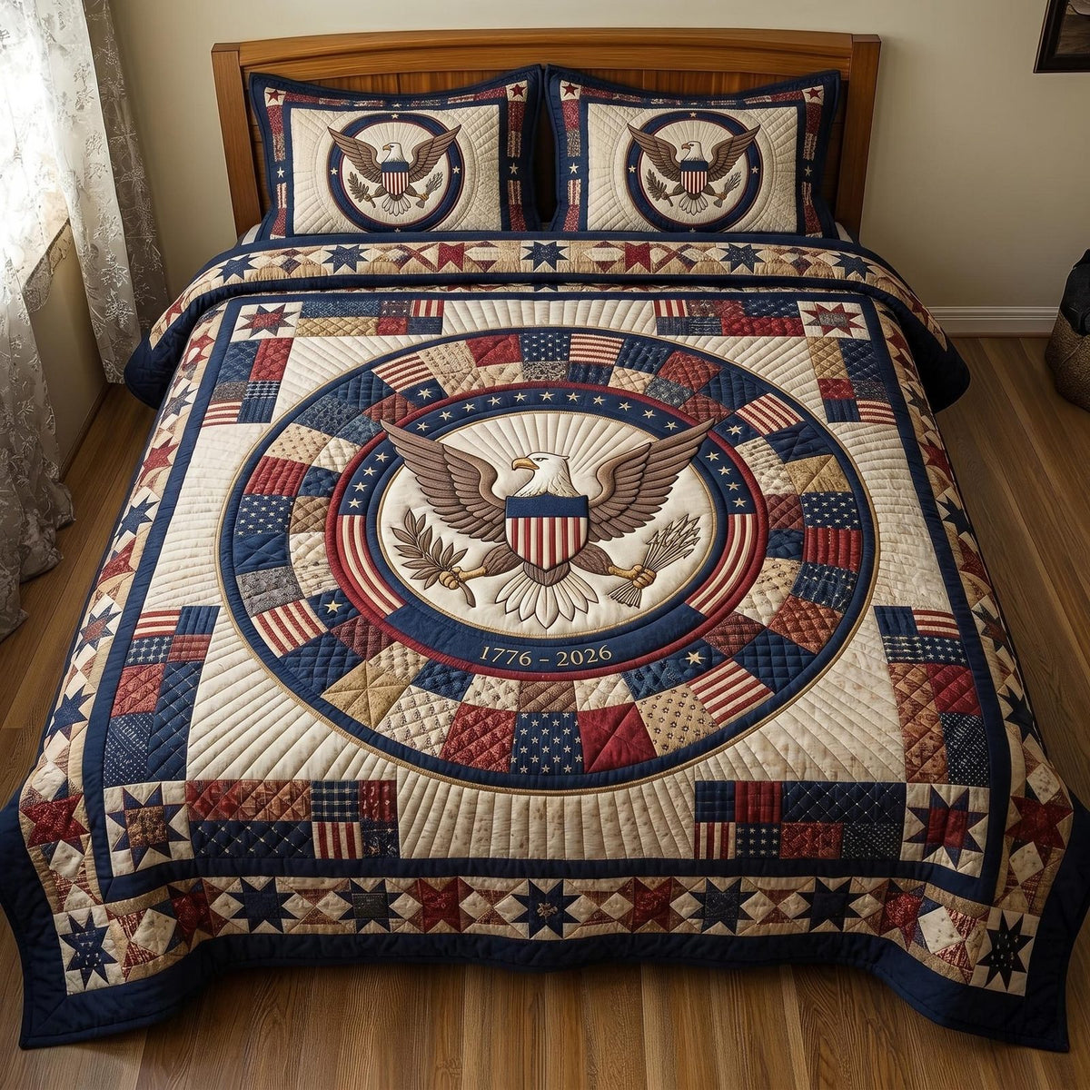 Heritage Patch quilted 3-piece bedding set on a made bed in a farmhouse bedroom